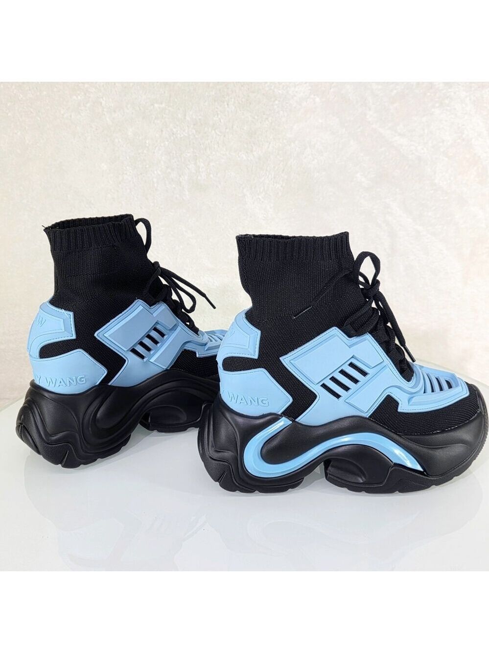 NIB Wang Jupiter Damson Pull On Knit Platform Sneaker Boots 4" Hidden Wedge Blue